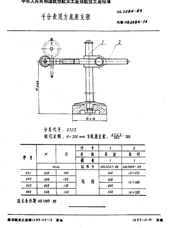 HB 2084-1989 千分表用方底座支架