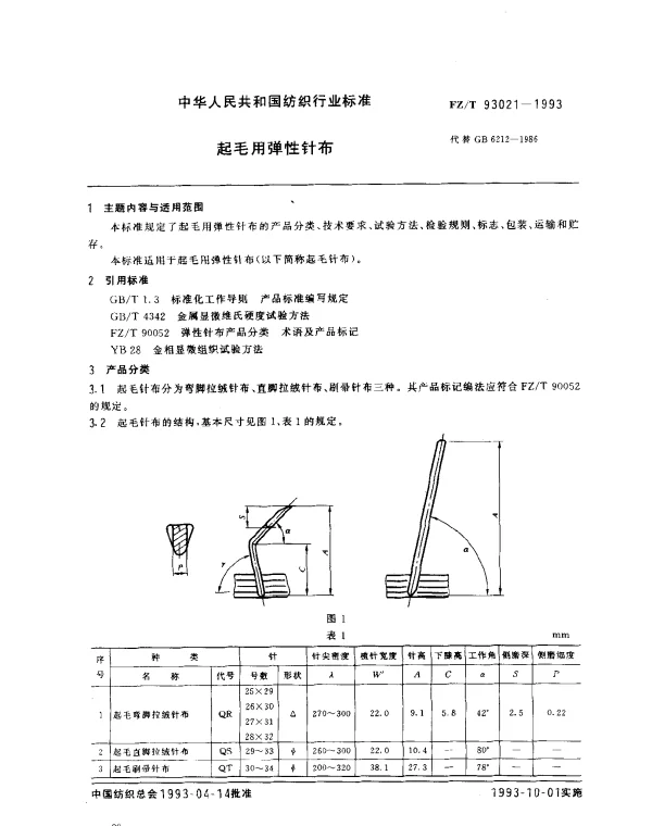 FZT 93021-1993 起毛用弹性针布