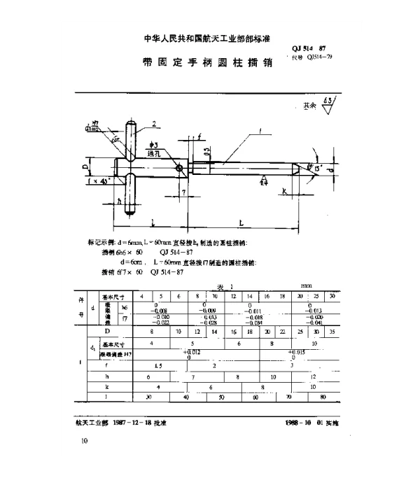 QJ 514-1987 通用零件 带固定手柄圆柱插销
