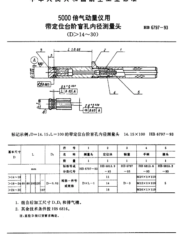 HB 6797-1993 5000倍气动量仪用带定位台阶盲孔内径测量头(D14~30)