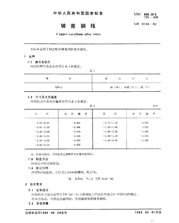 GB 3134-1982 铍青铜线