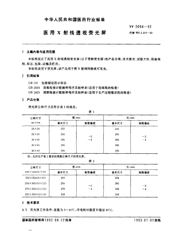 YY 0094-1992 医用X射线透视荧光屏
