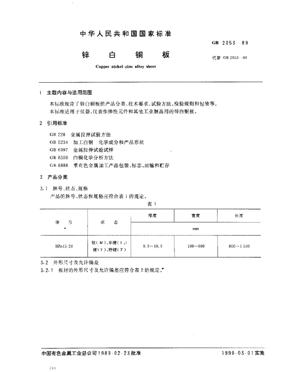 GB 2053-1989 锌白铜板