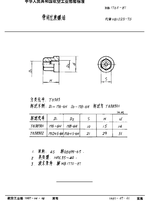 HB 1764-1987 带肩过渡螺母