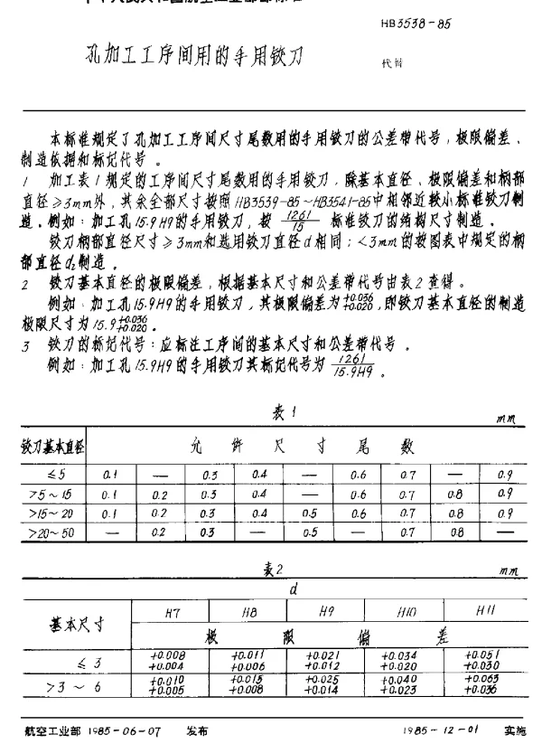 HB 3538-1985 孔加工工序间用的手用铰刀