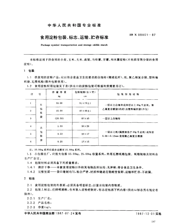 ZB X 08001-1987 食用淀粉包装、标志、运输、贮存标准