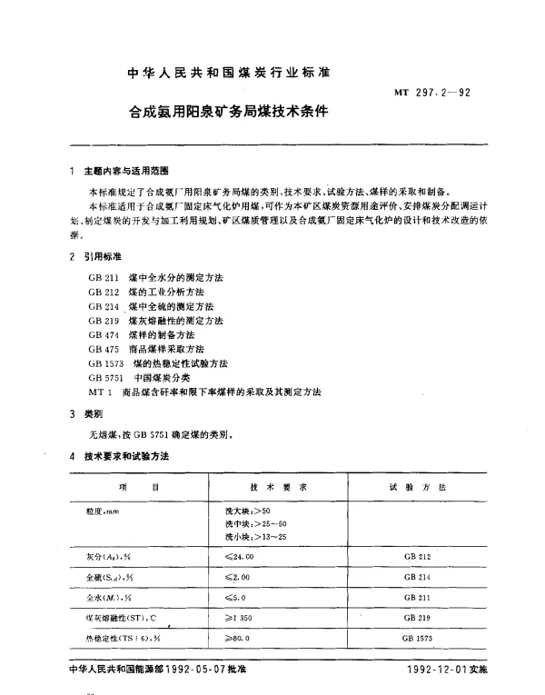 MT 297.2-1992 合成氨用阳泉矿务局煤技术条件