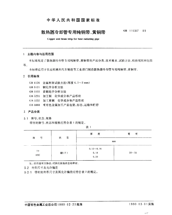 GB 11087-1989 散热器冷却管专用纯铜带、黄铜带