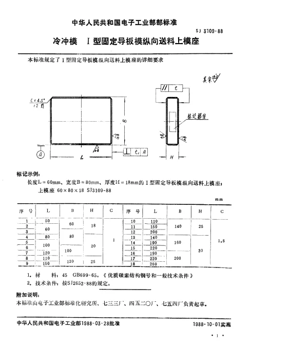 SJ 3109-1988 冷冲模.Ⅰ型固定导板模纵向送料上模座