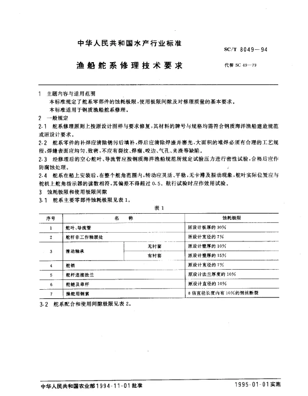 SCT 8049-1994 渔船舵系修理技术要求