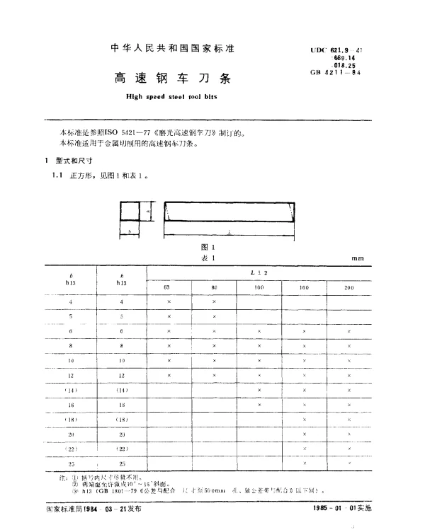 GB 4211-1984 高速钢车刀条