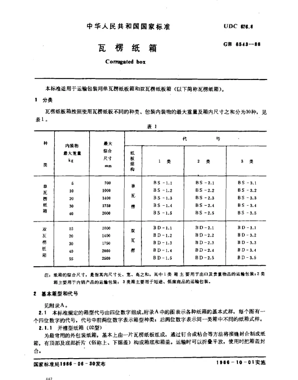 GB 6543-1986 瓦楞纸箱