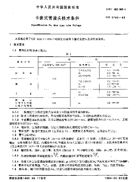 GB 3765-1983 卡套式管接头技术条件