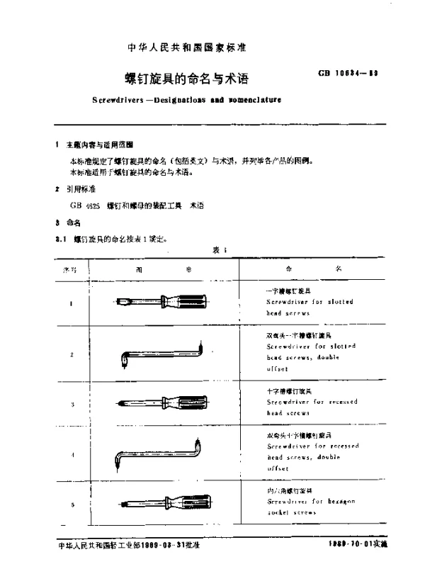 GB 10634-1989 螺钉旋具的命名与术语