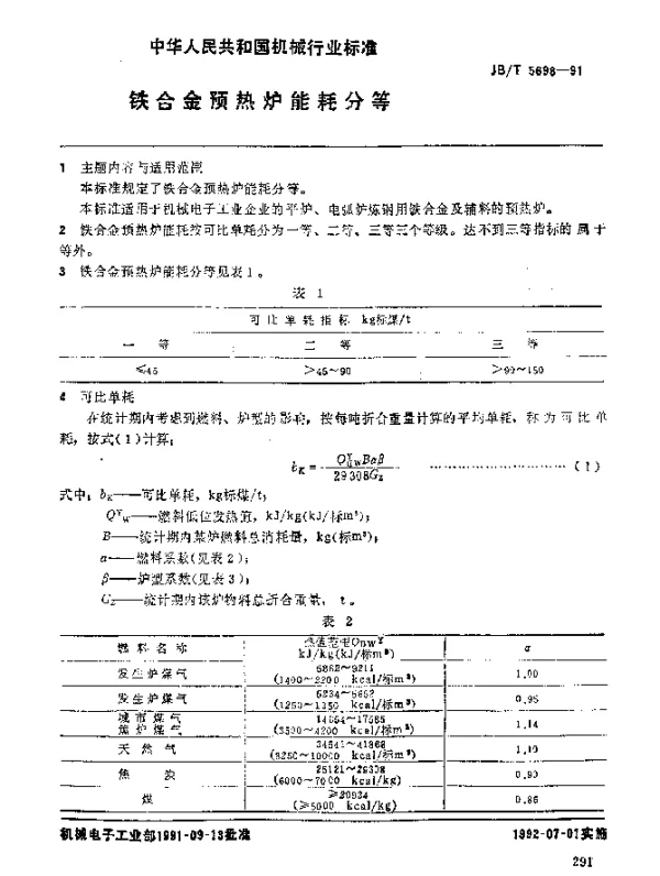 JBT 5698-1991 铁合金预热炉 能耗分等