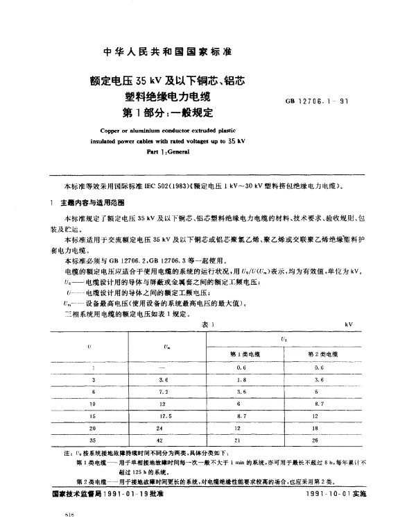 GB 12706.1-1991 额定电压35 kV及以下铜芯、铝芯塑料绝缘电力电缆 第1部分：一般规定