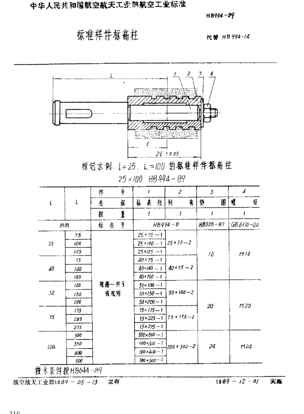 HB 994-1989 标准样件标高柱