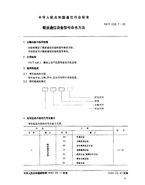 YDT 638.7-1993 载波通信设备型号命名方法