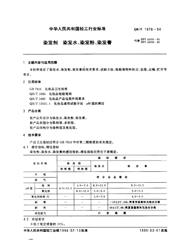 QBT 1978-1994 染发剂.染发水、染发粉、染发膏