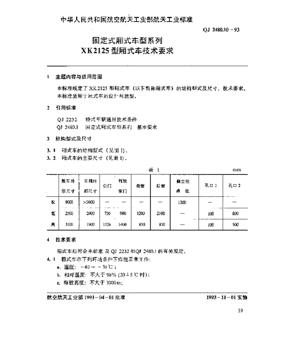 QJ 2480.10-1993 固定式厢式车型系列 XK2125型厢式车技术要求