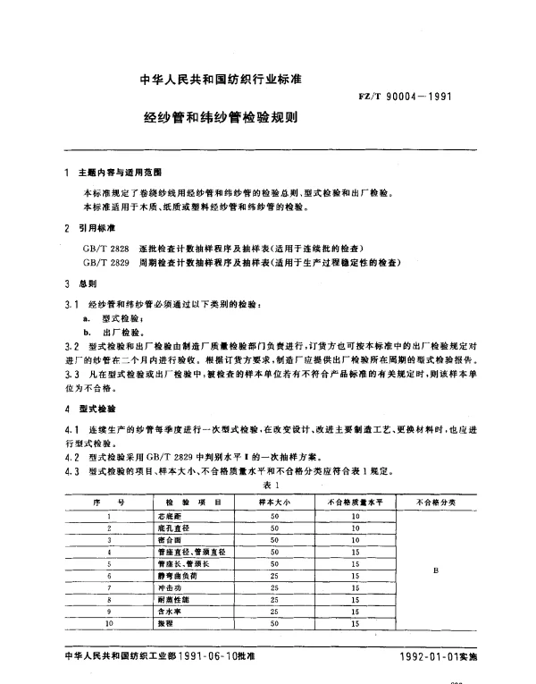 FZT 90004-1991 经纱管和纬纱管检验规则