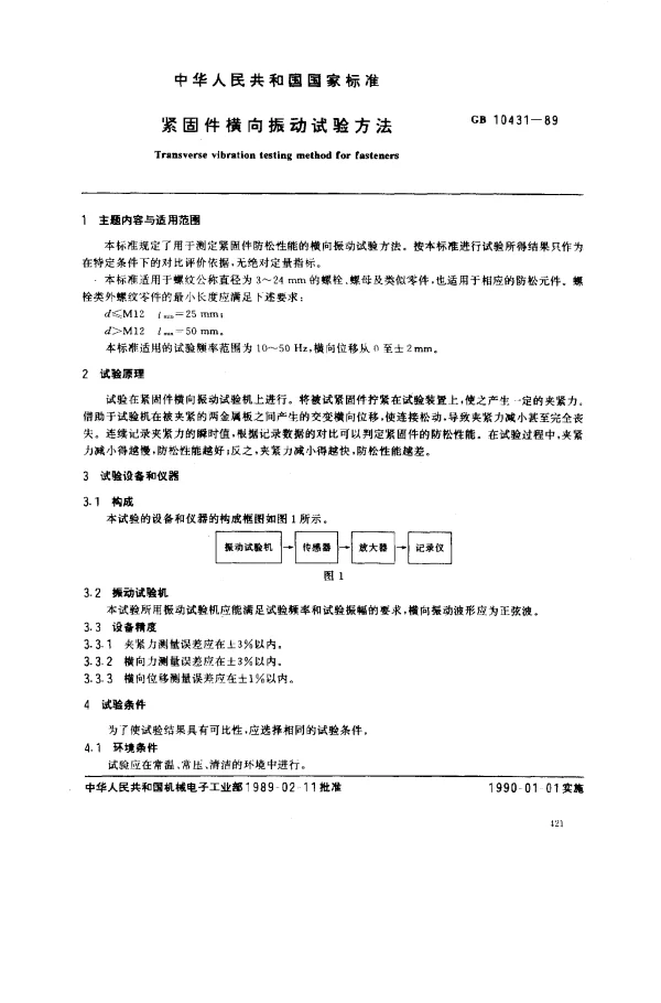 GB 10431-1989 紧固件横向振动试验方法