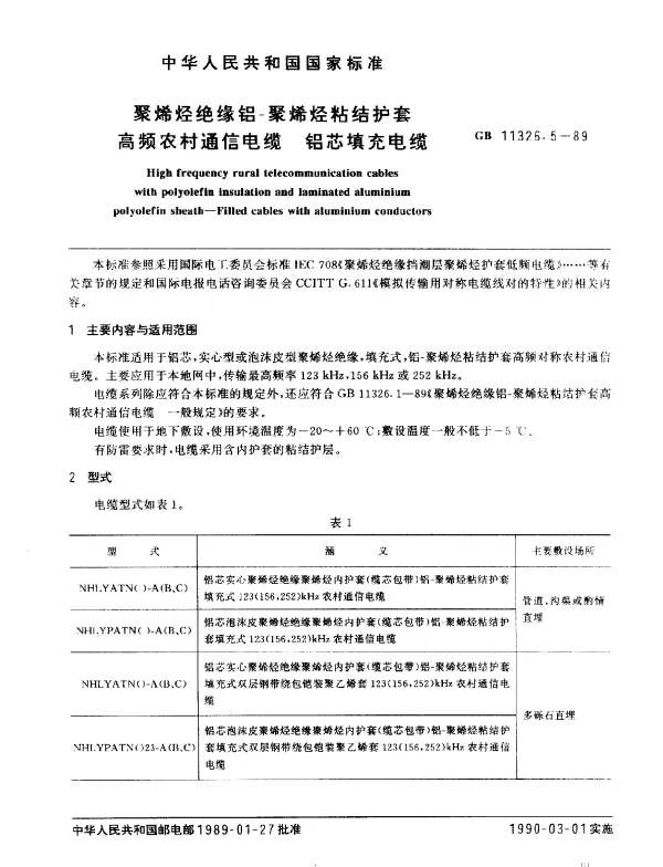 GB 11326.5-1989 聚烯烃绝缘铝一聚烯烃粘结护套高频农村通信电缆 铝芯填充电缆