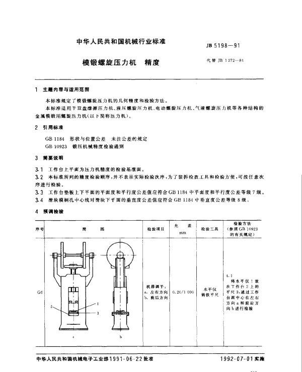 JB 5198-1991 模锻螺旋压力机 精度