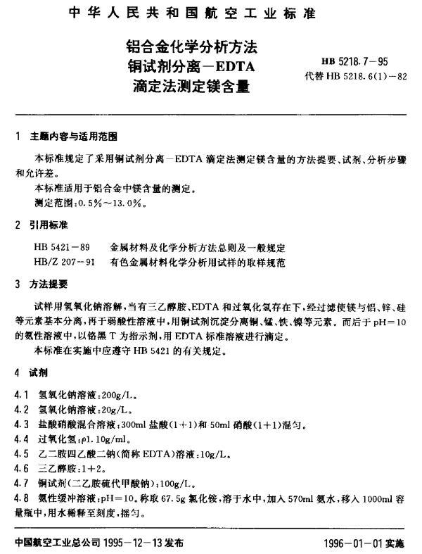 HB 5218.7-1995 铝合金化学分析方法.铜试剂分离--EDTA滴定法测定镁含量