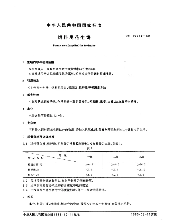 GB 10381-1989 饲料用花生饼