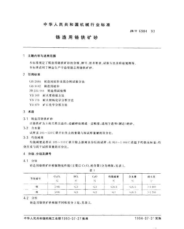 JBT 6984-1993 铸造用铬铁矿砂