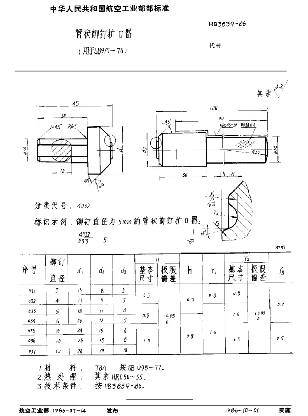HB 3839-1986 管状铆钉扩口器(用于GB 975-76)