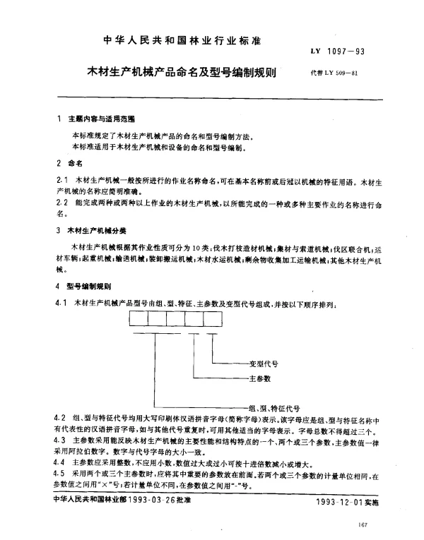 LY 1097-1993 木材生产机械产品命名及型号编制规则