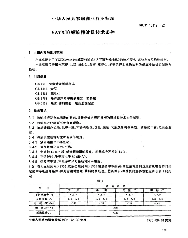 SBT 10112-1992 YZYX10螺旋榨油机技术条件