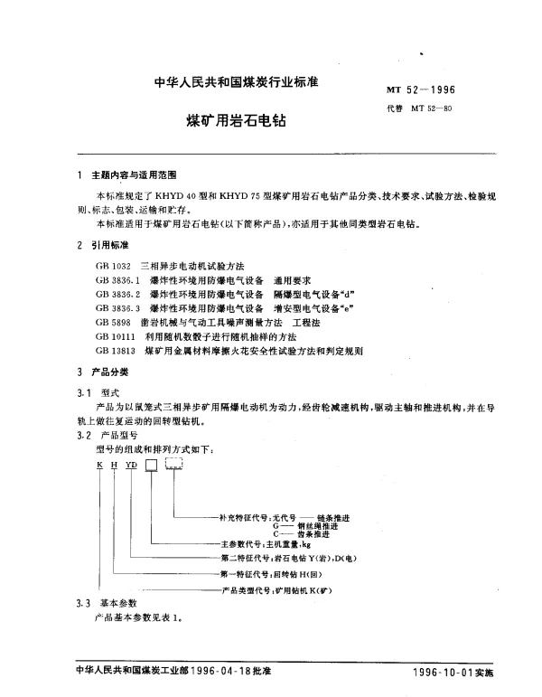 MT 52-1996 煤矿用岩石电钻