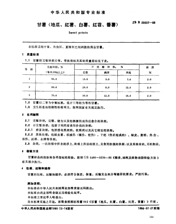ZB B 23007-1985 甘薯（地瓜、红薯、白薯、红苕、番薯）