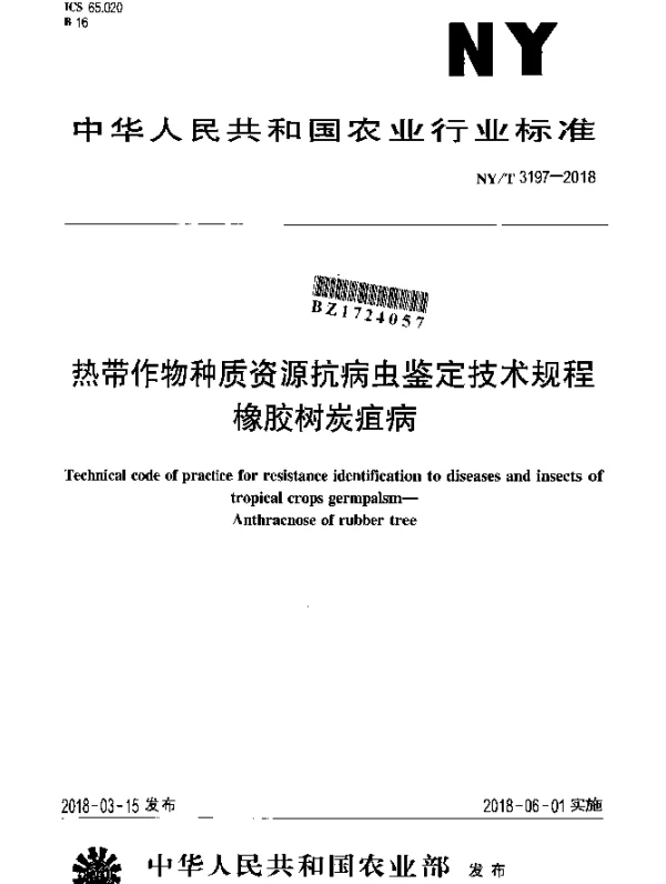 NYT 3197-2018 热带作物种质资源抗病虫鉴定技术规程 橡胶树炭疽病