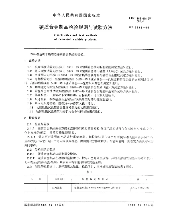 GB 5242-1985 硬质合金制品检验规则与试验方法