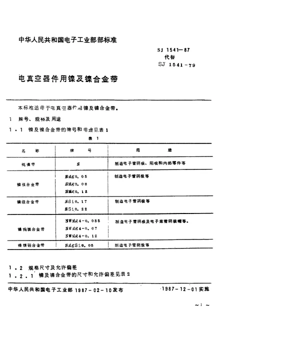 SJ 1541-1987 电真空器件用镍及镍合金带