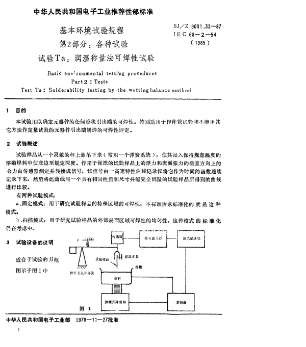SJZ 9001.32-1987 基本环境试验规程 第2部分： 各种试验 试验Ta： 润湿称量法可焊性试验