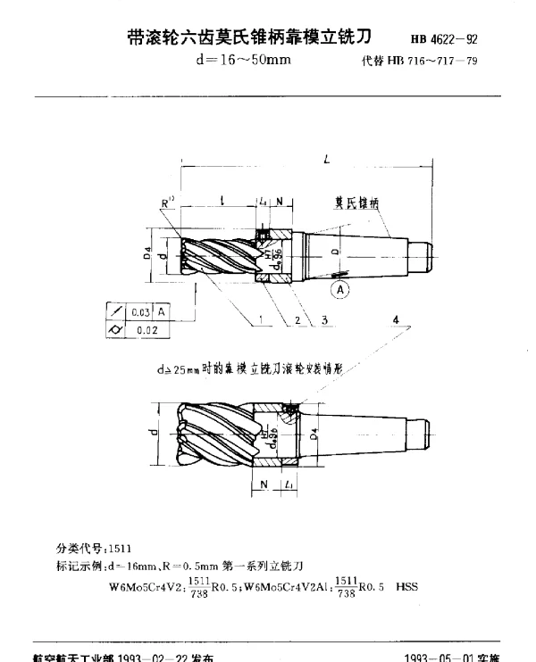 HB 4622-1992 带滚轮六齿莫氏锥柄靠模立铣刀.d=16~50mm