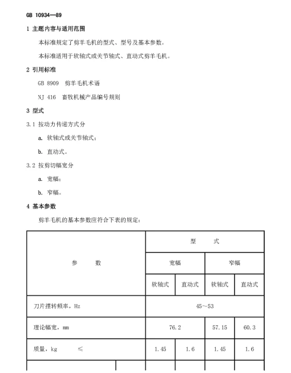 GB 10934-1989 剪羊毛机的型式、型号及基本参数