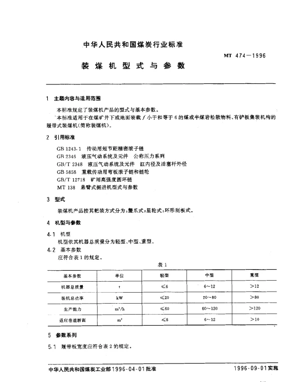 MT 474-1996 装煤机型式与参数