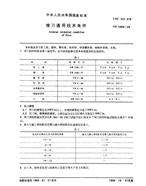 GB 5806-1986 锉刀通用技术条件