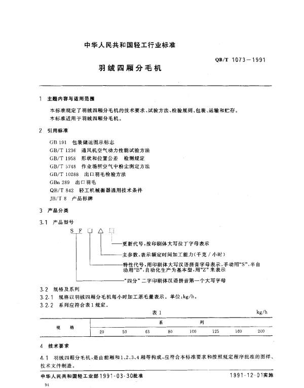 QBT 1073-1991 羽绒四厢分毛机