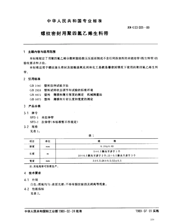 ZB G33 005-1989 螺纹密封用聚四氟乙烯生料带