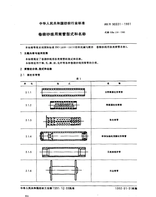 FZT 90031-1991 卷绕纱线用筒管型式和名称