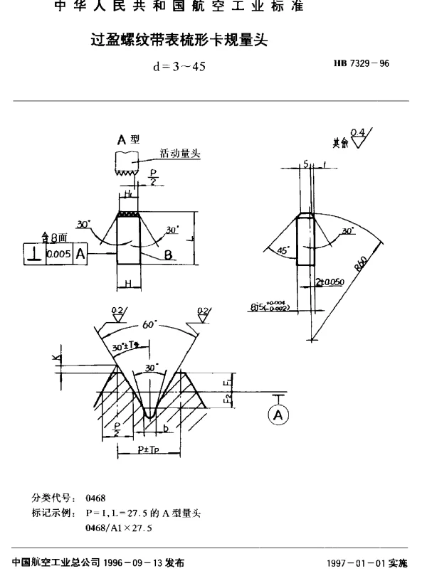 HB 7329-1996 过盈螺纹带表梳形卡规量头.d=3~45