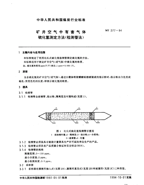 MT 277-1994 矿井空气中有害气体.硫化氢测定方法(检测管法)