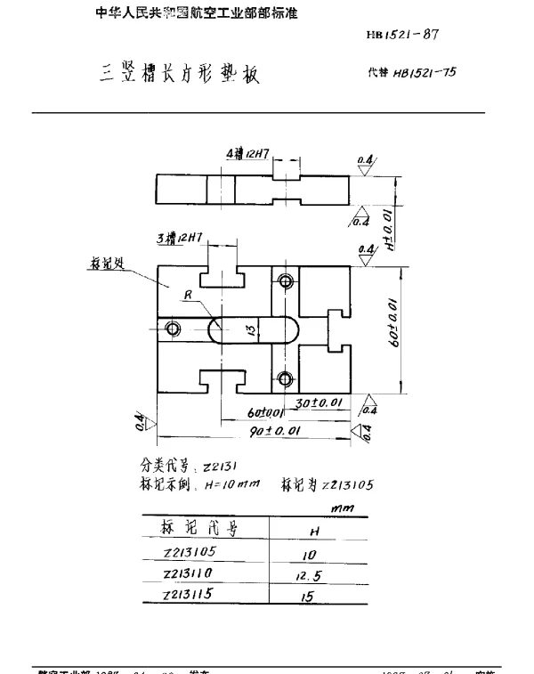 HB 1521-1987 三竖槽长方形垫板